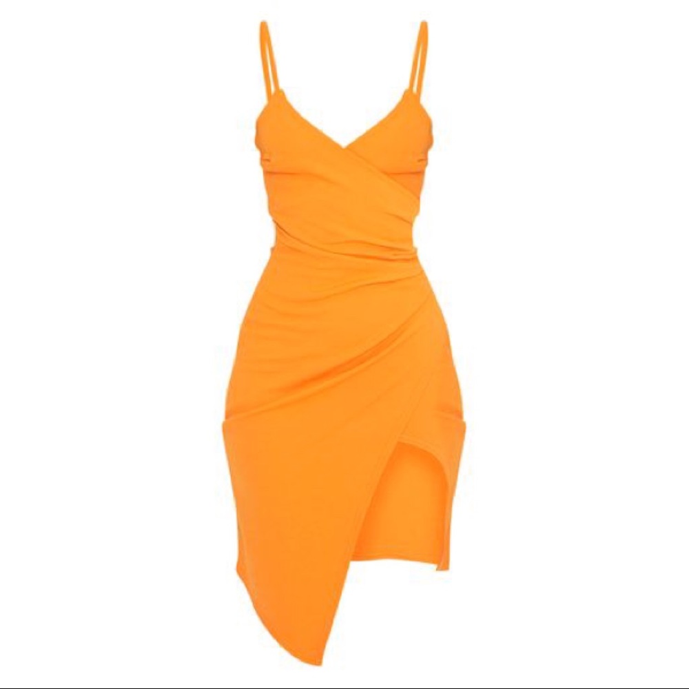 PLT Bright Orange Wrap Front Crepe Midi Dress